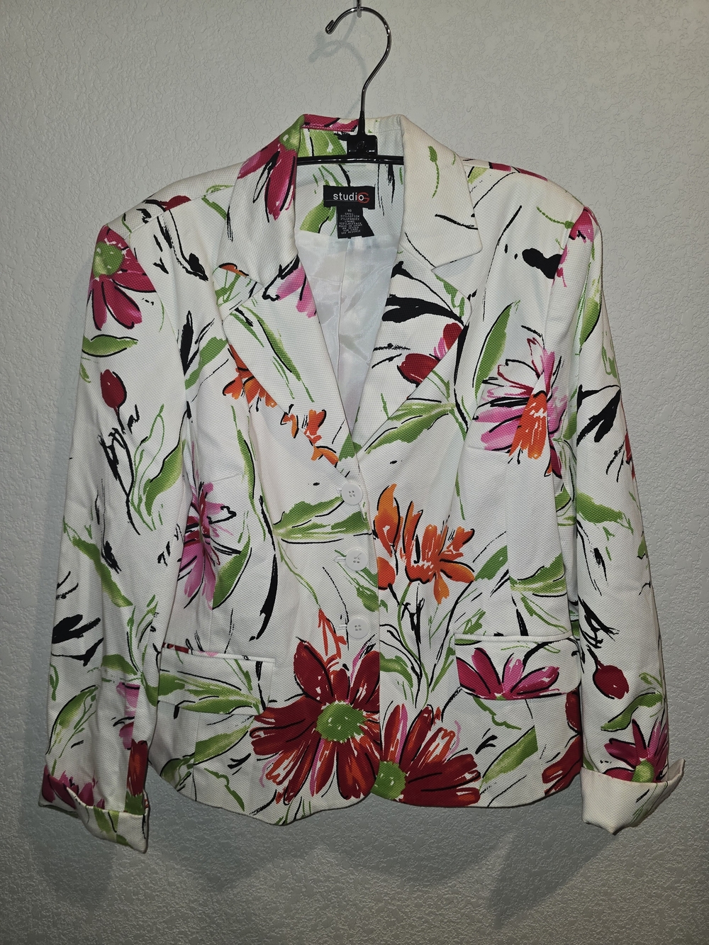 Studio C Women's Size 16 White Floral Cotton Stretch Blazer Jacket Lined